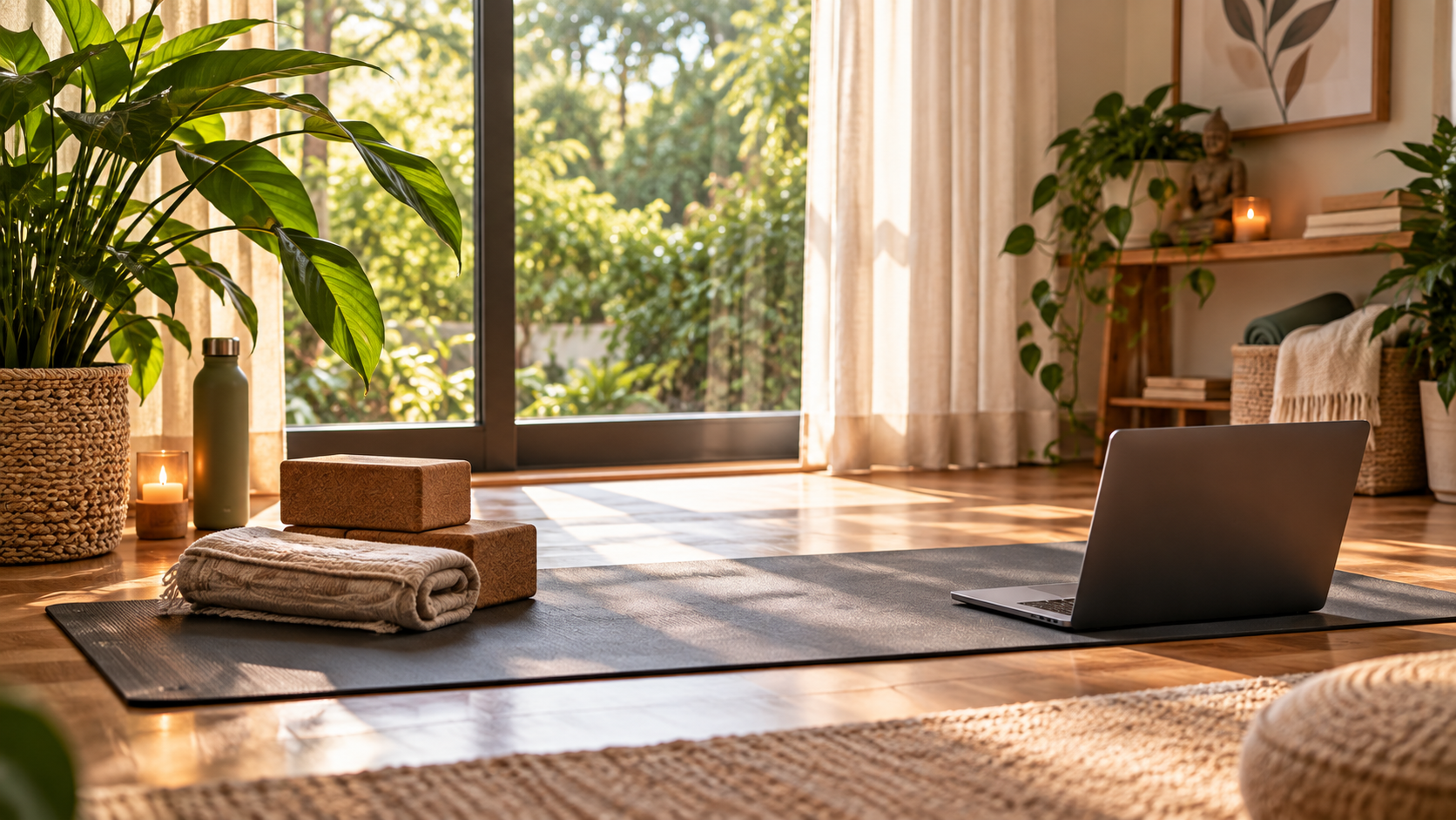 Home yoga space prepared for a live online class